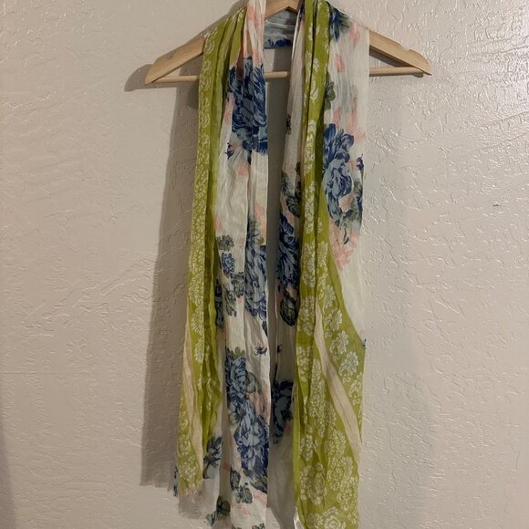 J. Jill 100% Cotton Made in India Yellow & Blue Floral Frayed Edge Scarf - Picture 1 of 6
